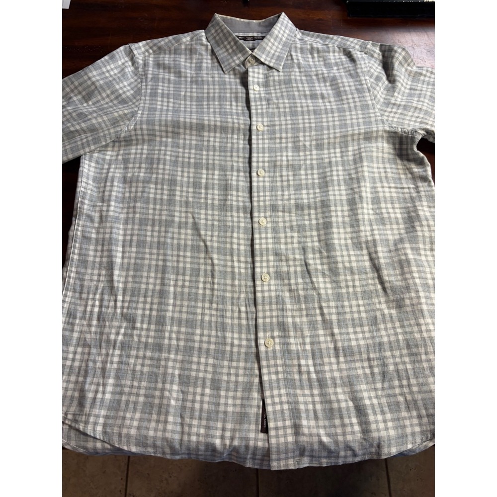 Michael Kors Mens Grey White Plaid Classic Fit Long Sleeve Button Down Shirt M
